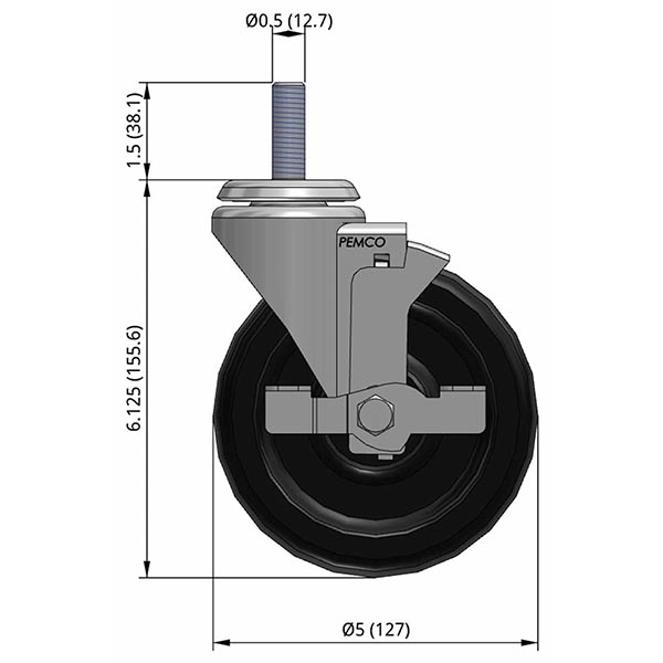 Side view drawing of caster with dimensions